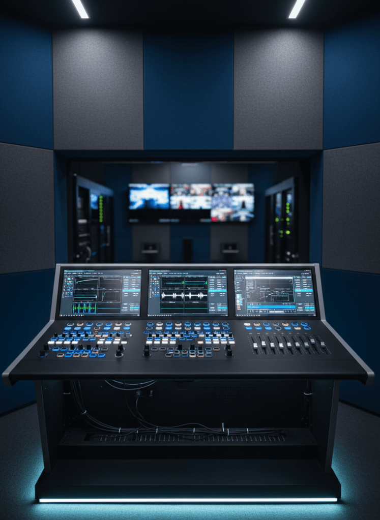 A professional broadcast and streaming control desk displaying an array of backlit buttons, sleek touchscreens, and minimalist faders, all housed in an elegant matte black chassis with brushed aluminum accents. The desk is positioned in a dedicated control room with sound-absorbing wall panels in subtle greys and midnight blues, and organized cable management channels. Cool-toned studio lighting softly illuminates the workstation, accentuating the structured lines and highlighting the control surfaces. The composition is centered with a moderate depth of field, ensuring every detail of the technology is in focus within a clean, methodical setting. The atmosphere feels precise and contemporary, reflecting expertise and meticulous attention to detail in event broadcasting solutions.